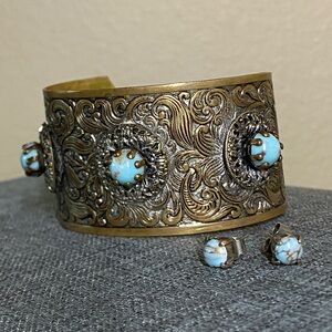 Ornate Turquoise Cuff Bracelet & Stud Earrings | Boho Statement Jewelry Set